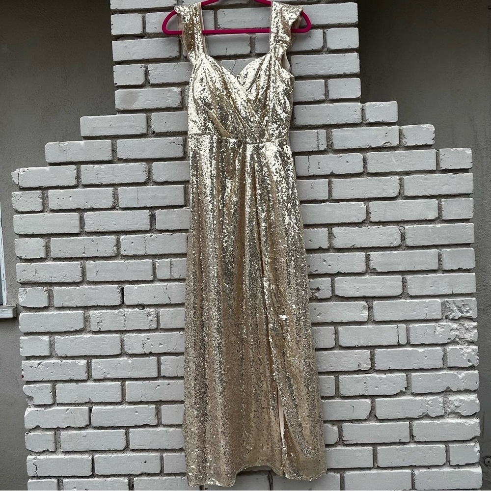 JJs House Metallic Sequin Maxi Dress with Slit in Gold